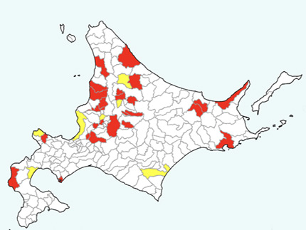 ＊黄色：防災拠点設置自治体、赤色：海洋センター所在自治体